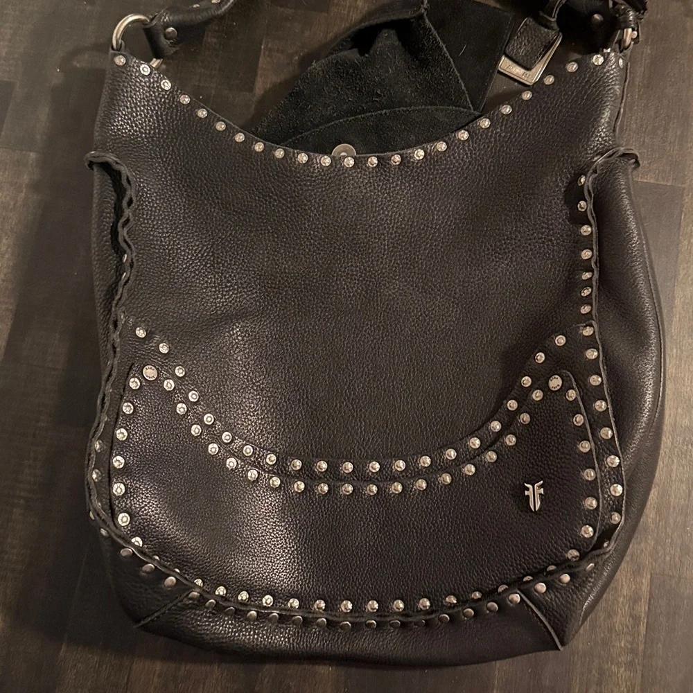 Frye Black Nikki Studded Pebbled Leather Hobo Shoulder Bag